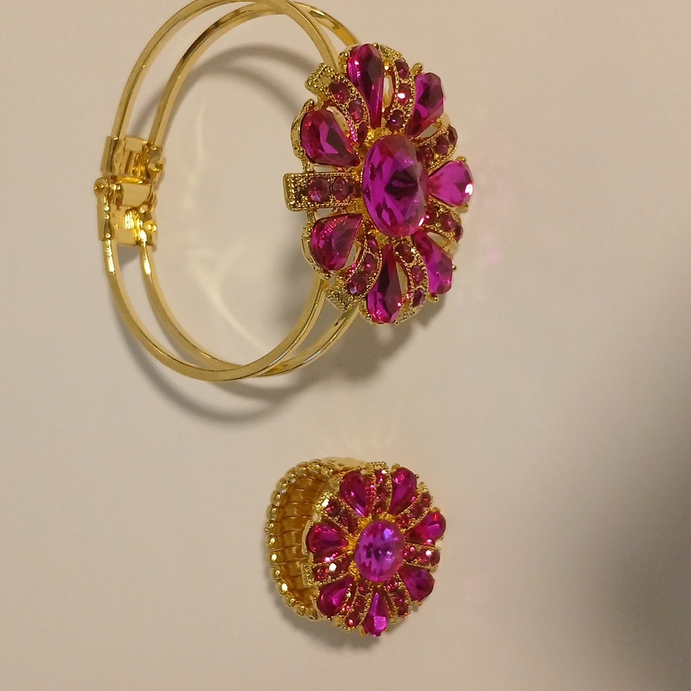 Set of 2 Fuchsia Austrian Crytal and Glass Flower Bangle Bracelet & Ring.